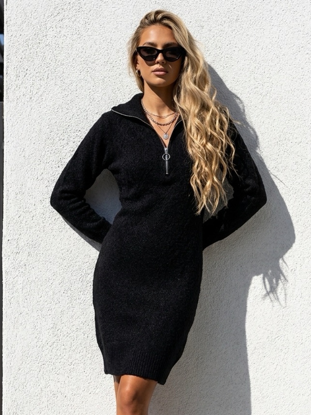As U Wish Black Long-Sleeve Zip Sweater Dress